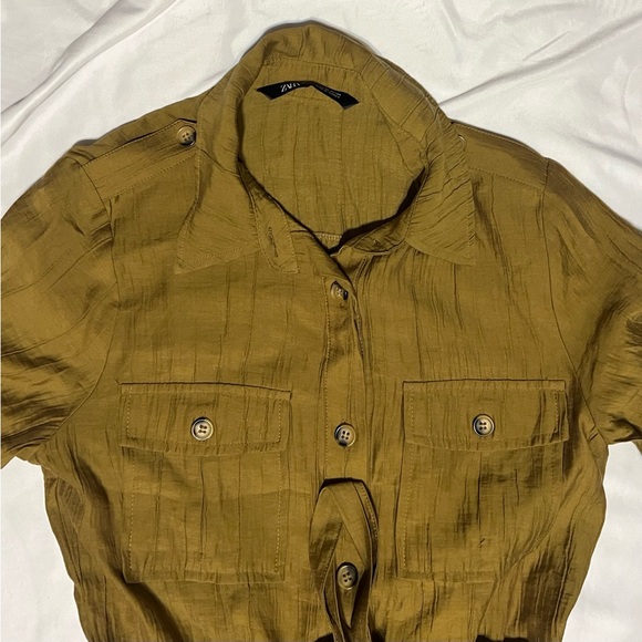 Zara Shirt Dress Tan Camel Color Pockets Belt Long Sleeve Size X-small Collar - Picture 9 of 15